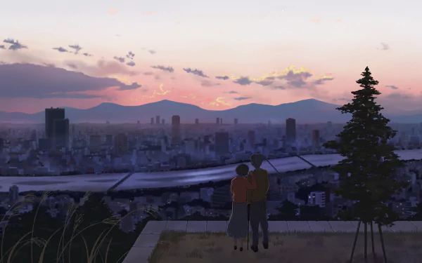 HD PC desktop wallpaper featuring an anime-style scene from Whisper of the Heart, showing two characters overlooking a cityscape at sunset with mountains in the background.