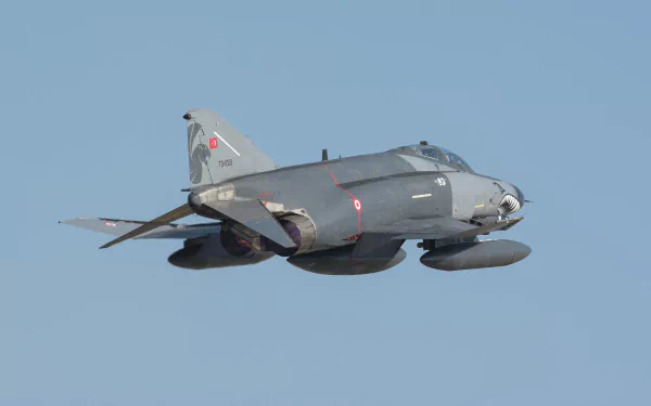 McDonnell Douglas F-4 Phantom II military jet fighter warplane in flight over clear sky — 4K Ultra HD PC desktop wallpaper/background.