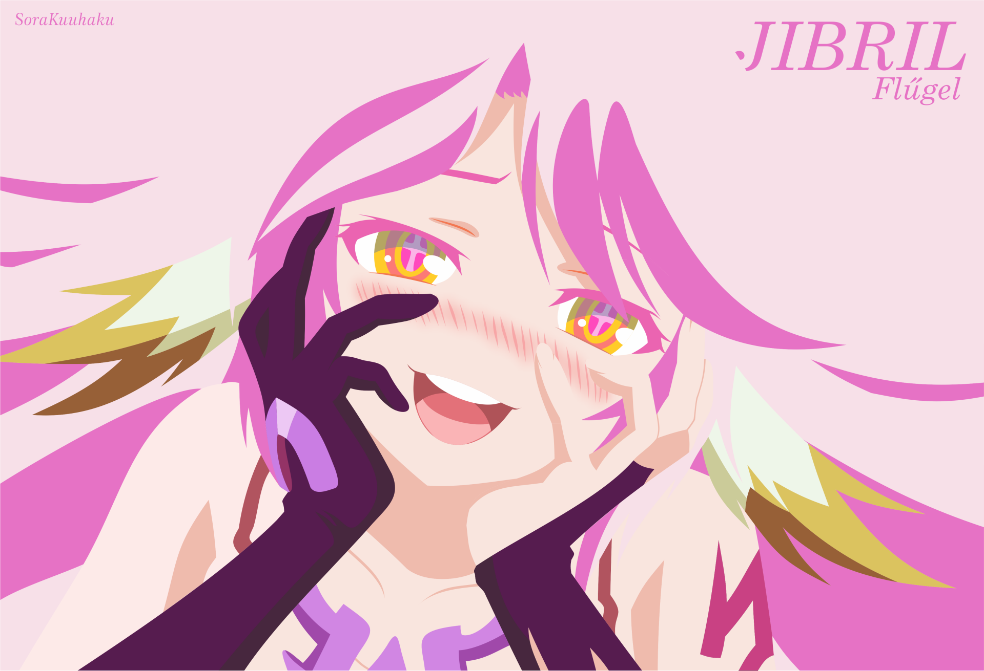 Digital art of Jibril from No Game No Life with pink hair and a blush, featuring a close-up of her face in 4K Ultra HD quality.