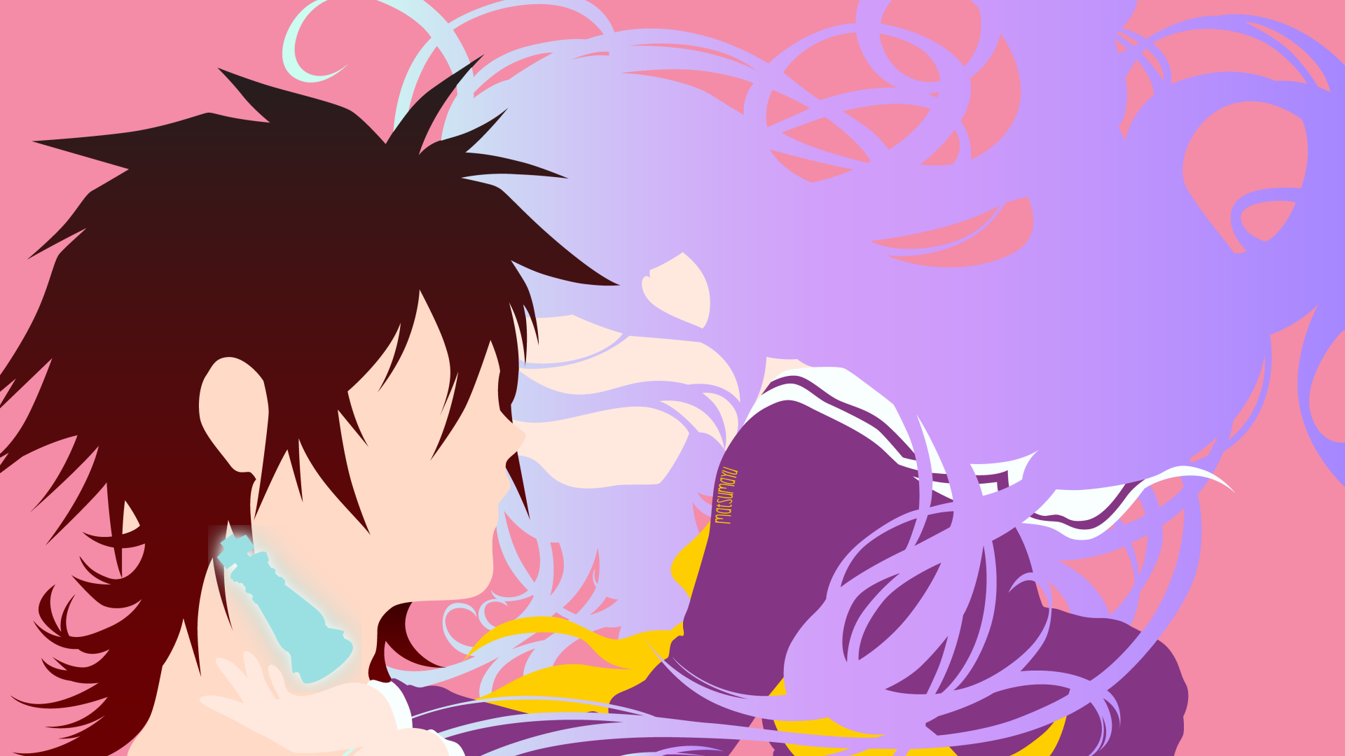 4K Ultra HD anime wallpaper featuring Shiro and Sora from No Game No Life with vibrant pink and purple abstract background.