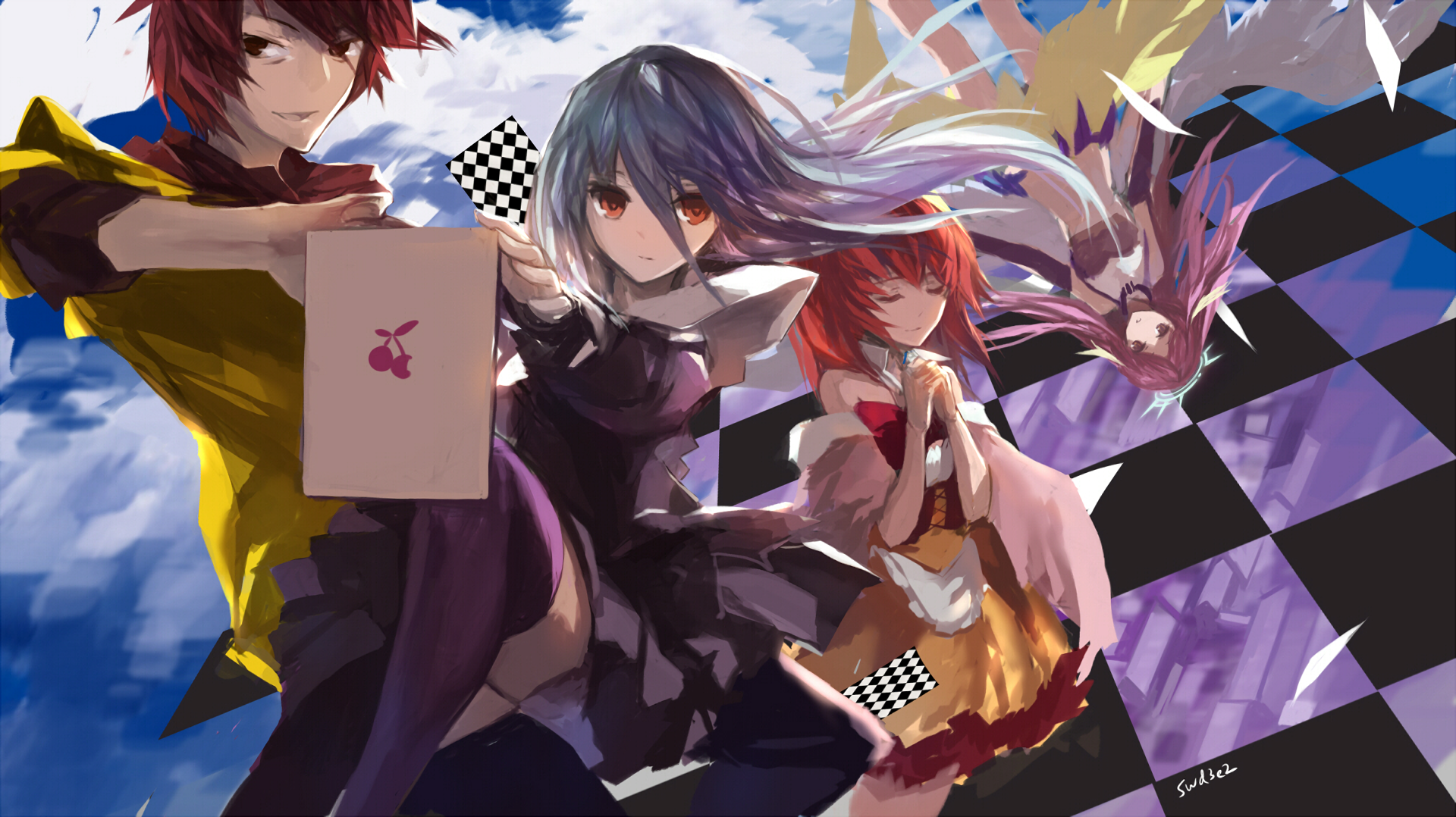 HD anime desktop wallpaper featuring Stephanie Dola, Jibril, Sora, and Shiro from No Game No Life with vibrant colors and dynamic poses on a checkered background.