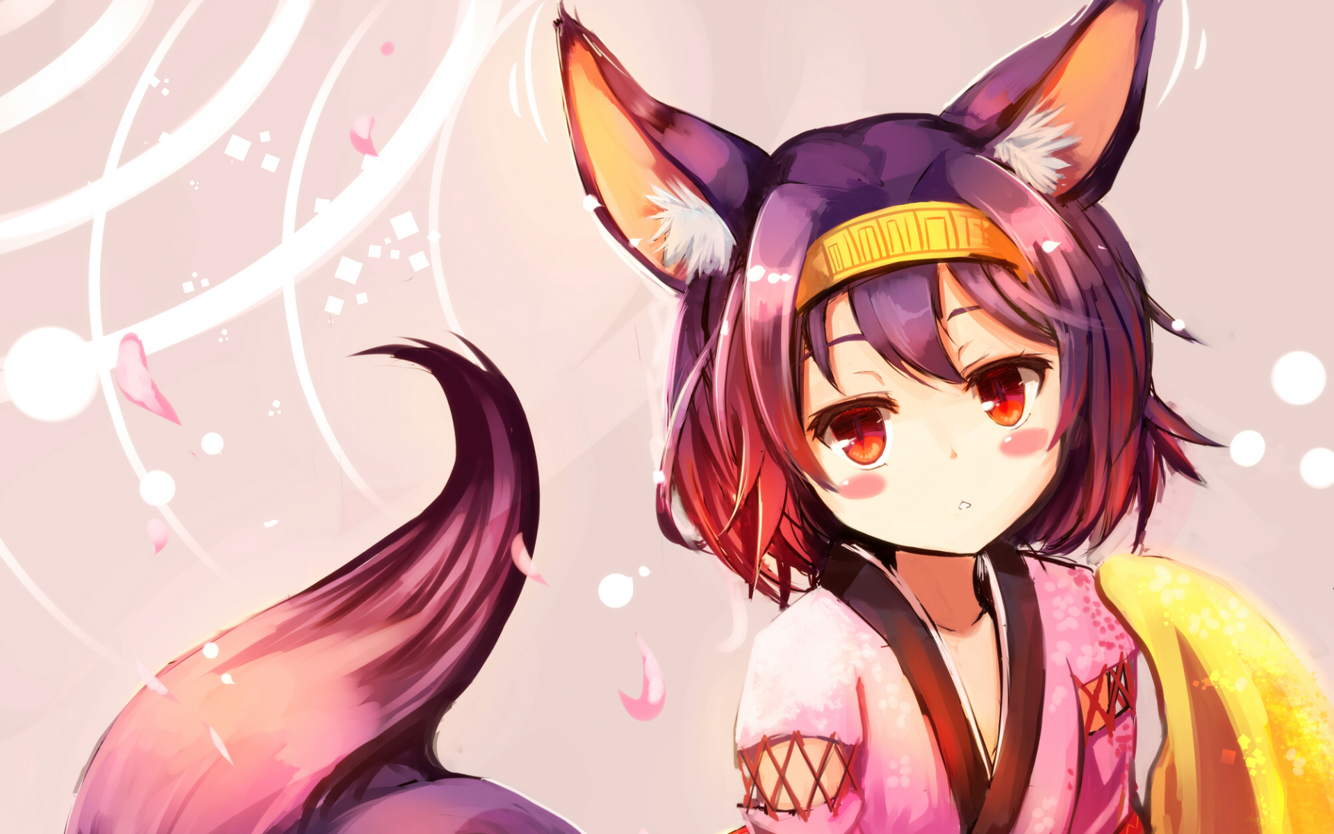 HD PC desktop wallpaper featuring Izuna Hatsuse from the anime No Game No Life, depicted with fox ears and tail in a soft, pastel-colored background.