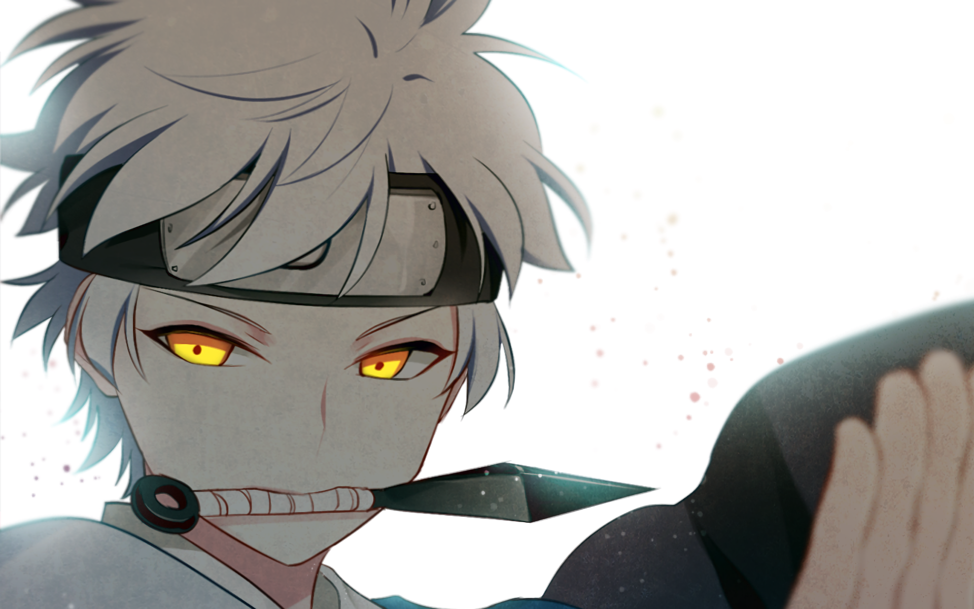 HD desktop wallpaper of Mitsuki from Naruto and Boruto, displaying his sharp golden eyes and a determined expression with a kunai in his mouth.