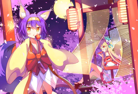 An HD desktop wallpaper of Izuna Hatsuse from No Game No Life. She wears a kimono and has animal ears, surrounded by cherry blossoms and lanterns in a vibrant, colorful anime scene.