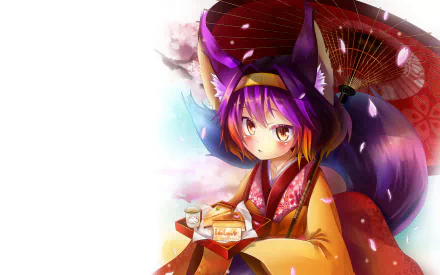 HD PC desktop wallpaper featuring Izuna Hatsuse from the anime No Game No Life, depicted in traditional attire with a red umbrella and cherry blossom petals.