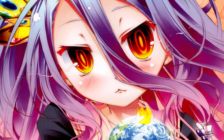 HD desktop wallpaper featuring Shiro from the anime No Game No Life, showcasing her with vibrant purple hair and intense eyes, set against a dynamic background.