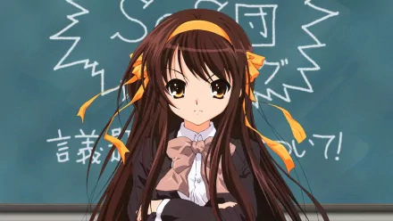 Haruhi Suzumiya stands confidently in front of a chalkboard, embodying the spirit of anime in The Melancholy of Haruhi Suzumiya. A vibrant HD wallpaper for fans.