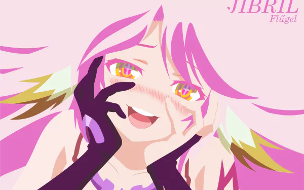 Digital art of Jibril from No Game No Life with pink hair and a blush, featuring a close-up of her face in 4K Ultra HD quality.