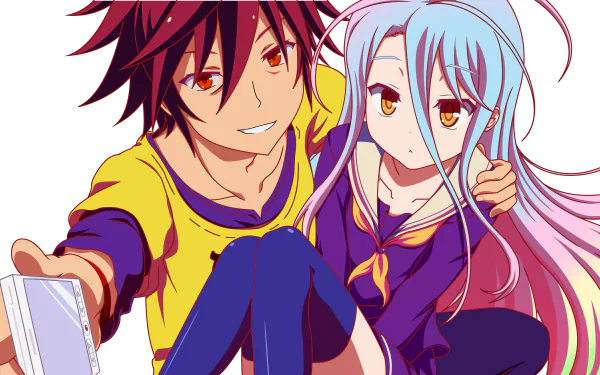 HD desktop wallpaper featuring Sora and Shiro from the anime No Game No Life. Sora holds a phone while embracing Shiro, showcasing their close bond and vibrant character designs.
