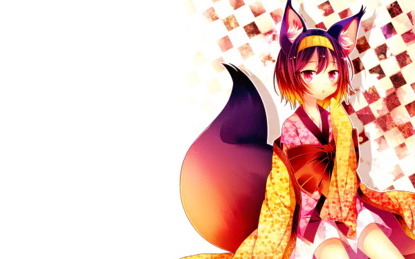HD PC desktop wallpaper featuring Izuna Hatsuse from the anime No Game No Life, showcasing her fox ears and tail with a vibrant, patterned background.