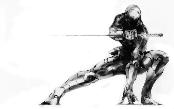 A dynamic, high-definition wallpaper featuring a robotic character from the Metal Gear Solid video game series, poised with a sword in a striking pose.