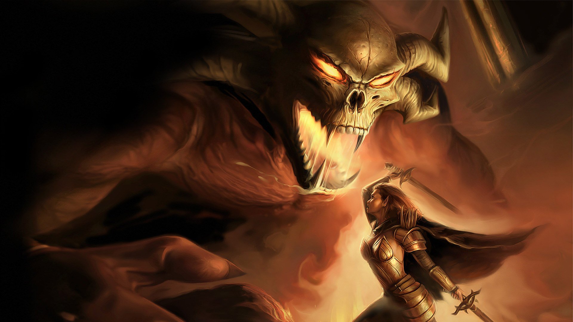 A fierce warrior confronts a menacing demon in a dark, magical setting on this HD desktop wallpaper, highlighting a dramatic clash between light and darkness.