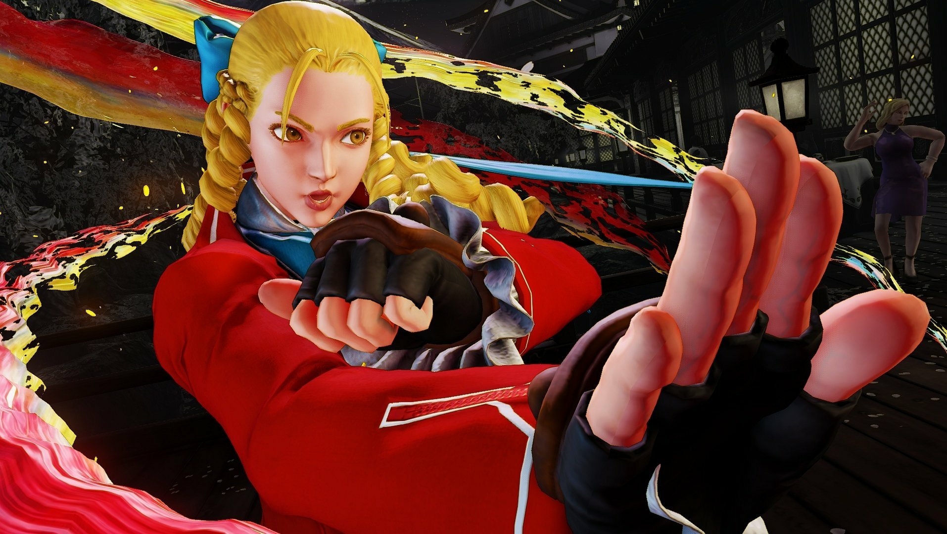 HD PC desktop wallpaper and background from the Street Fighter V video game showing Karin in a red coat and braided hair striking a dynamic fighting pose with colorful motion streaks.