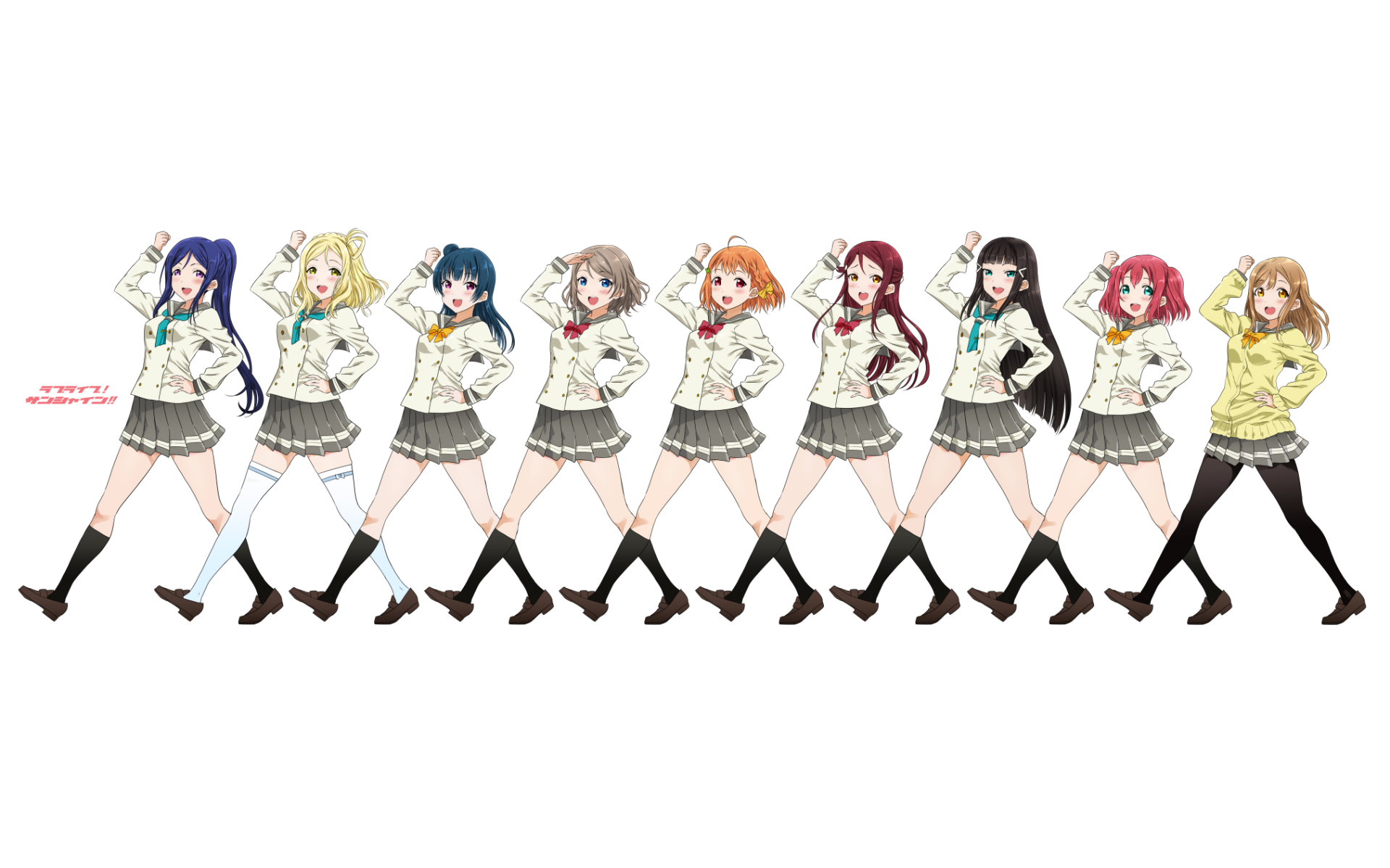 HD PC desktop wallpaper: Love Live! Sunshine!! — Hanamaru Kunikida, Ruby Kurosawa, Dia Kurosawa, Riko Sakurauchi, Chika Takami, You Watanabe, Yoshiko Tsushima, Mari Ohara and Kanan Matsuura lined up in school uniforms.