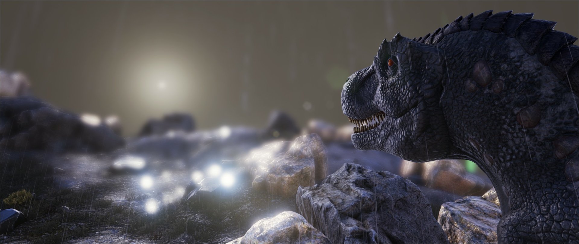 HD desktop wallpaper from the video game Ark: Survival Evolved showcasing a dinosaur in a detailed, atmospheric environment.