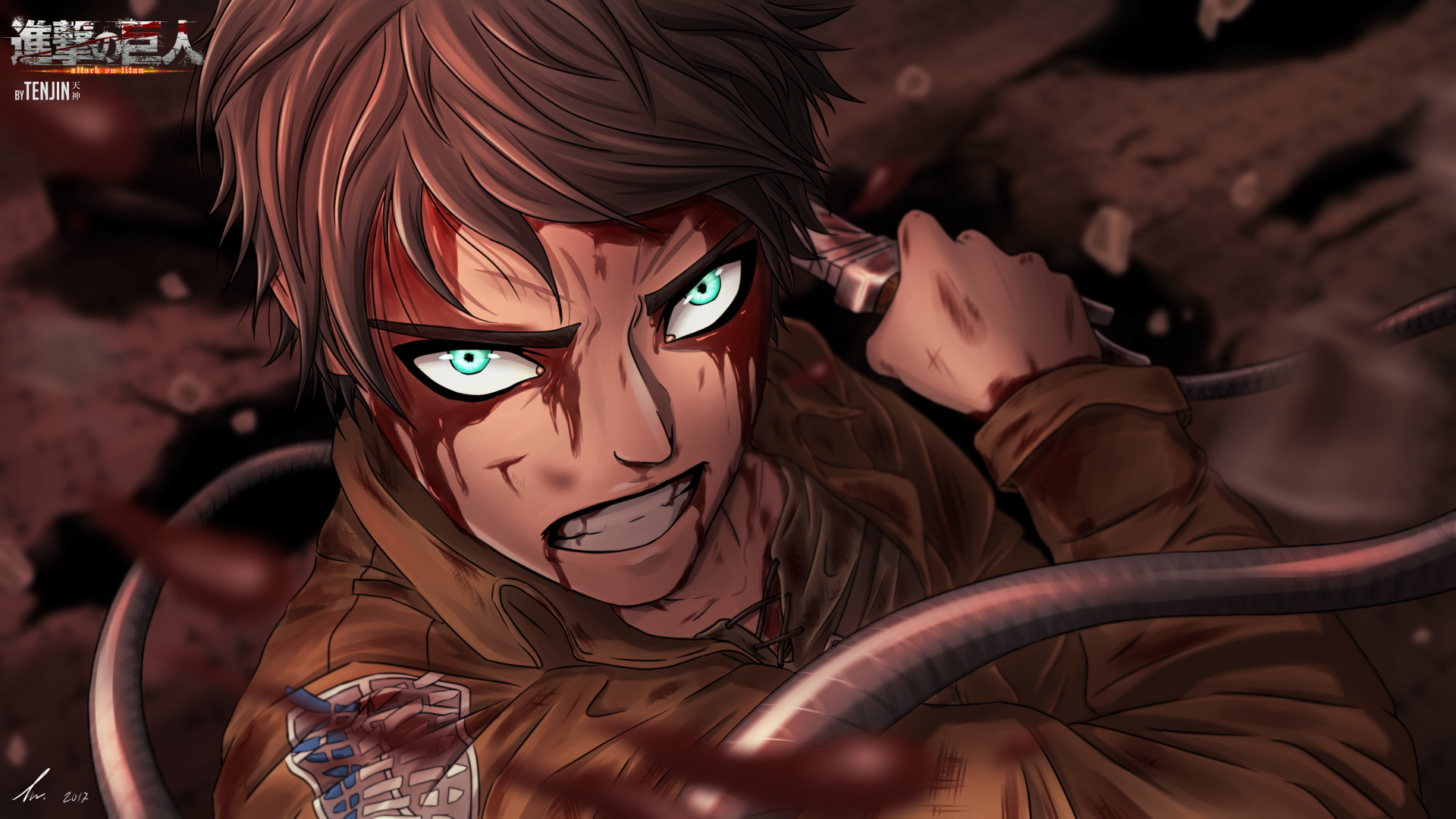 HD desktop wallpaper featuring Eren Yeager from the anime Attack on Titan, displaying an intense and fierce expression, surrounded by action-packed elements.