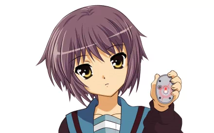 HD anime desktop wallpaper featuring Yuki Nagato from The Melancholy of Haruhi Suzumiya holding a small, round device against a simple white background.