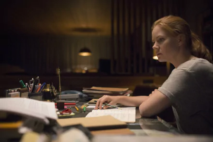 5K Ultra HD desktop wallpaper: moody cinematic shot of a woman at a cluttered desk, warm lamp light and filmic tones evoking the movie Arrival.