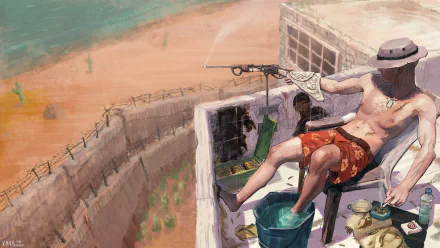 HD PC desktop wallpaper depicting a character from the video game Rust (2013) sitting on a ledge, overlooking a coastal fortress with a gun in hand.