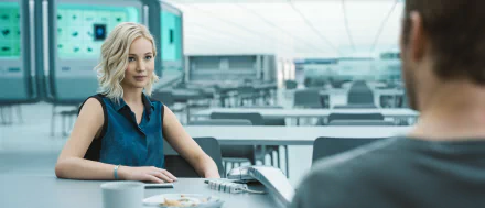 Jennifer Lawrence in a scene from the movie Passengers, featured in a HD PC desktop wallpaper with a futuristic, sterile setting.