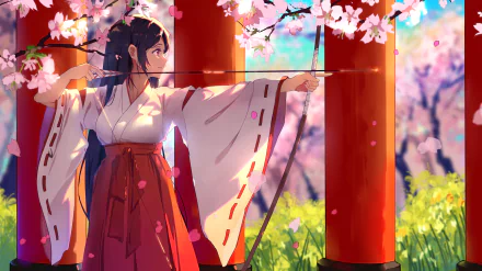 Anime image of a girl with long black hair dressed in a traditional miko outfit, drawing a bow and arrow amidst cherry blossoms. HD desktop wallpaper.