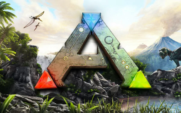 HD PC desktop wallpaper featuring the iconic Ark logo from the video game Ark: Survival Evolved, set against a prehistoric landscape with dinosaurs and lush vegetation.