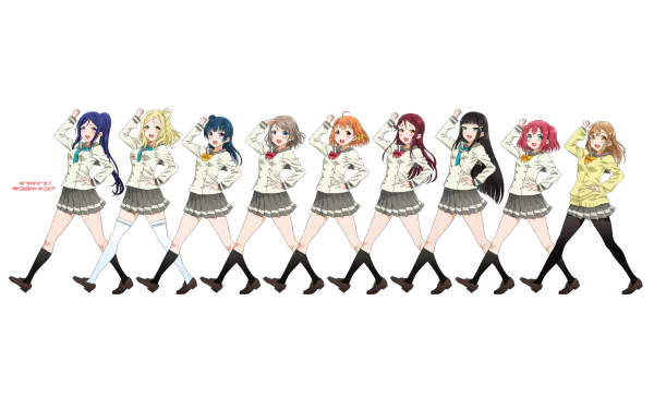 HD PC desktop wallpaper: Love Live! Sunshine!! — Hanamaru Kunikida, Ruby Kurosawa, Dia Kurosawa, Riko Sakurauchi, Chika Takami, You Watanabe, Yoshiko Tsushima, Mari Ohara and Kanan Matsuura lined up in school uniforms.