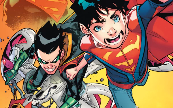 HD desktop wallpaper featuring DC Comics' Jon Kent as Superboy and Damian Wayne as Robin. The dynamic duo from the Super-Sons series are in action, with vibrant colors and an energetic background.