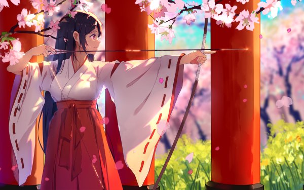 Anime Original Miko Outfit Bow Arrow Long Hair Black Hair HD Wallpaper | Background Image