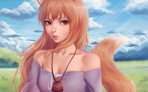 Anime Spice and Wolf Holo Necklace Red Eyes Brown Hair Long Hair Animal Ears Tail Sky Cloud HD Wallpaper | Background Image