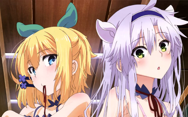 HD desktop wallpaper featuring anime characters Rumia Tingel and Sistine Fibel from Rokudenashi Majutsu Koushi to Akashic Records, against a wooden background.
