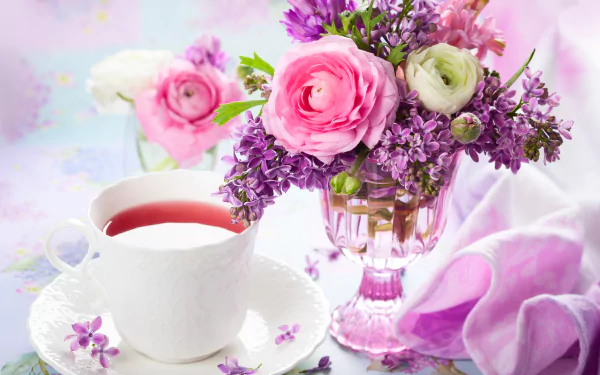 A 4K Ultra HD still life PC wallpaper featuring a vase of lilac, ranuncula, peony, and purple and pink flowers alongside a white cup of tea, set in a soft spring scene.