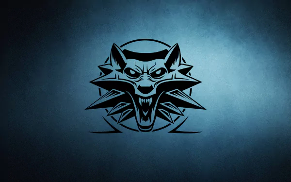 HD PC desktop wallpaper featuring the fierce, stylized wolf emblem from the video game The Witcher against a textured blue background.