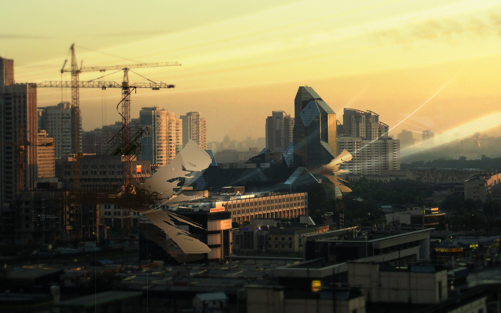 Artistic vector cityscape featuring a dynamic urban skyline at sunset, with modern buildings and construction cranes, capturing the essence of a vibrant metropolis. HD PC desktop wallpaper.