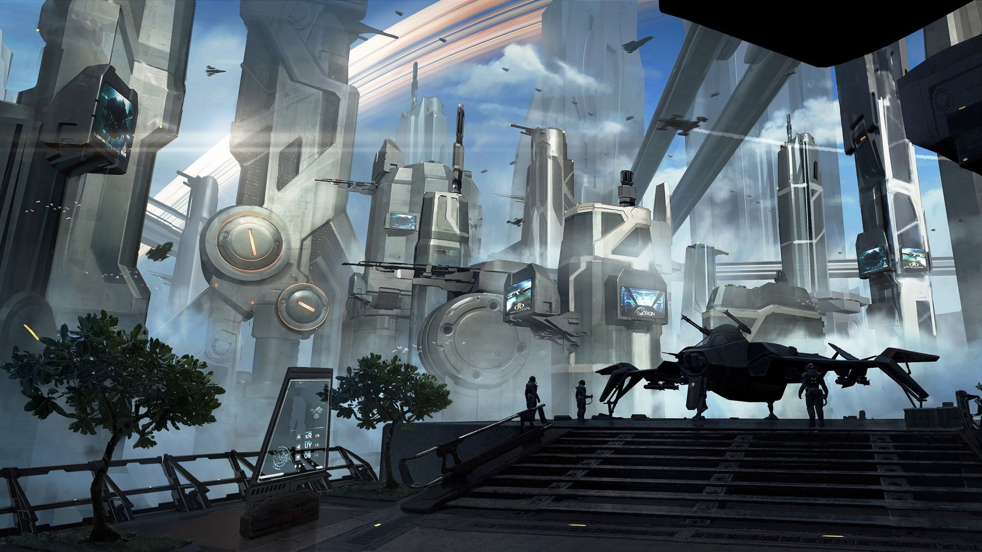 Futuristic cityscape from the video game Star Citizen, featuring advanced buildings and flying vehicles in a high-definition PC desktop wallpaper.