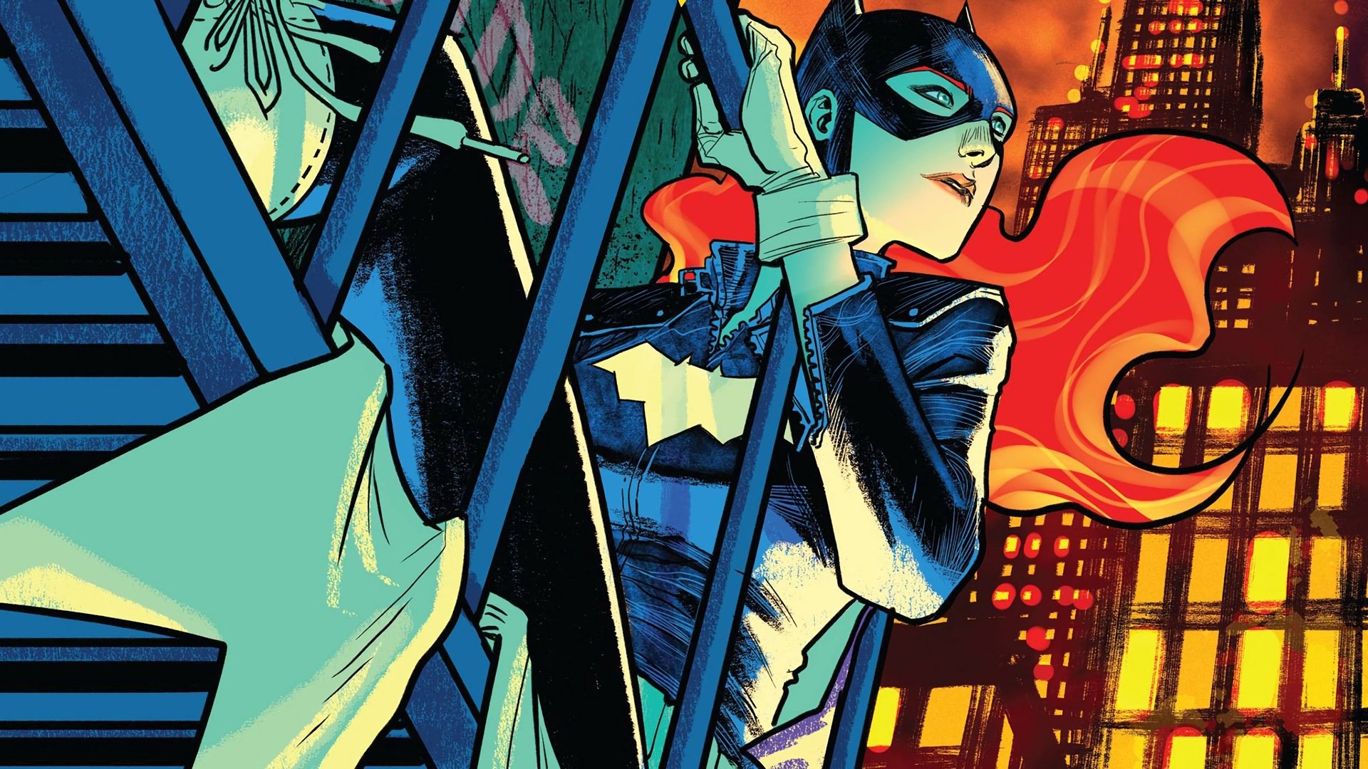 Comic-style Batgirl with flowing red hair perched on a fire escape against a glowing cityscape — HD PC desktop wallpaper and background.