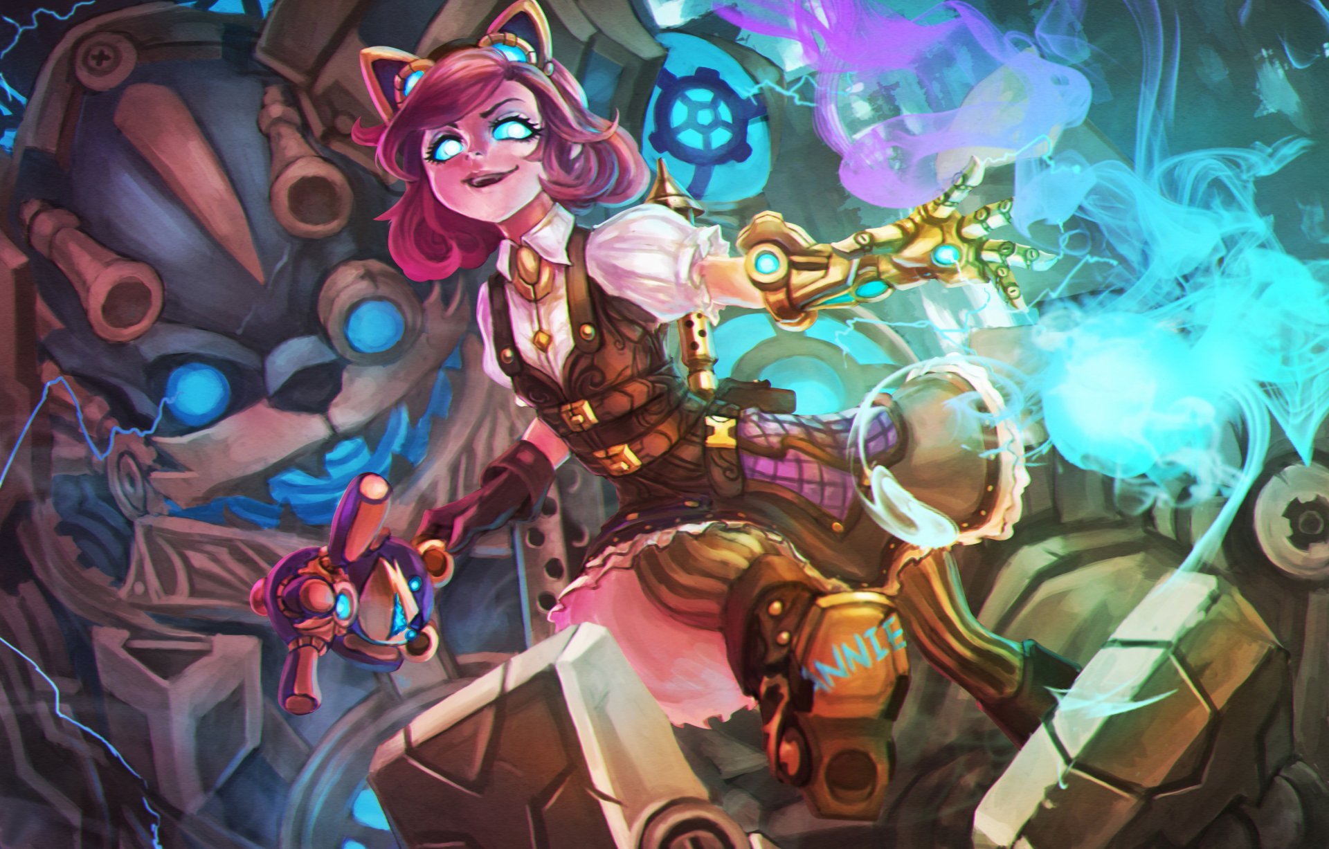 Annie (League of Legends) steampunk artwork in vivid colors — 2K Quad HD PC desktop wallpaper: young mage with mechanical bear and blue flames, video game League of Legends background.