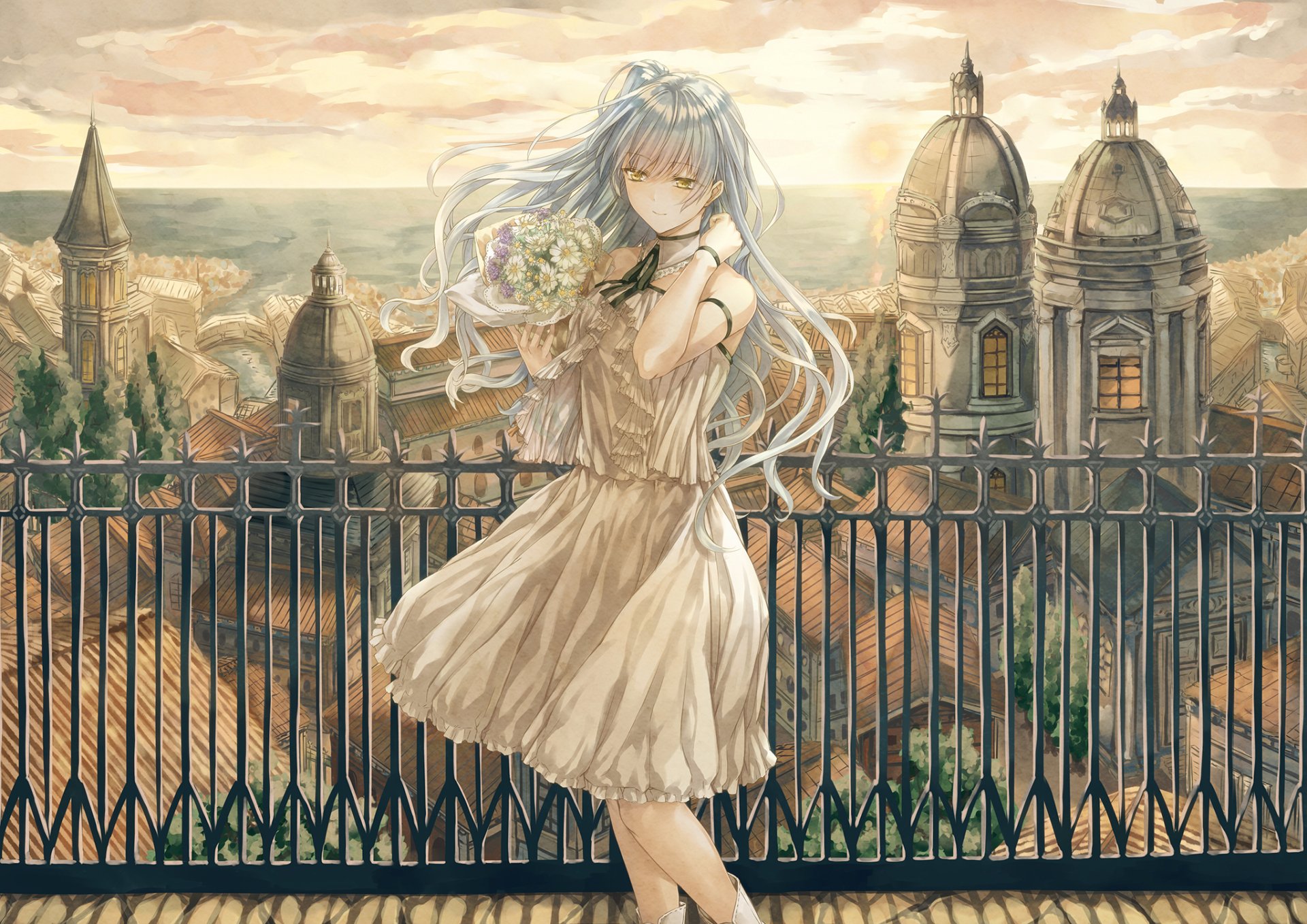 HD anime wallpaper featuring an original character with long white hair, standing on a balcony overlooking a picturesque town with domed rooftops at sunset.