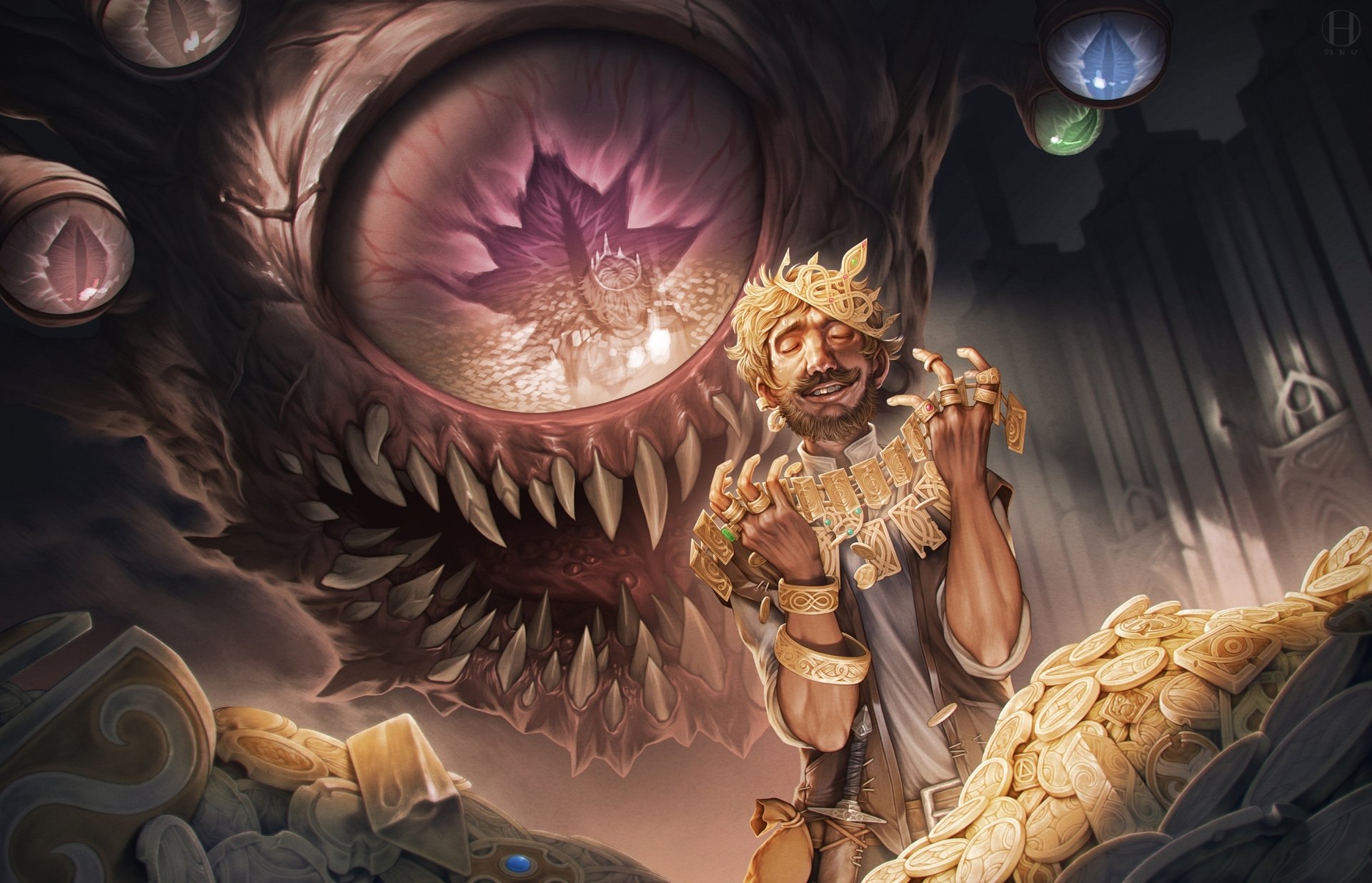 A high-definition fantasy wallpaper featuring a creature with a large, glowing eye and sharp teeth, guarding piles of gold treasure, as a character in gold adornments stands apprehensively in the foreground.
