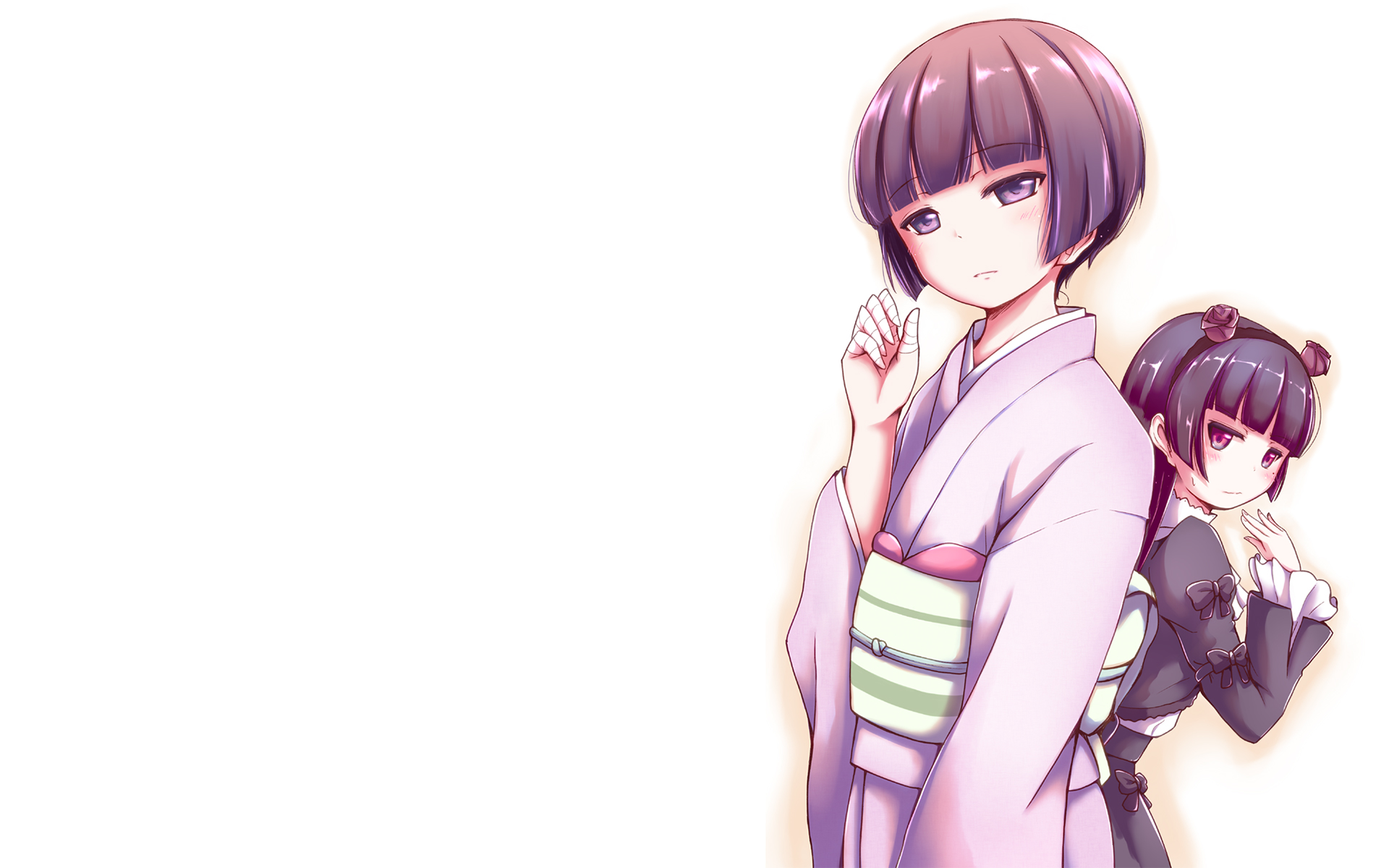 HD PC desktop wallpaper featuring anime crossover characters Ruri Gokō and Senju Muramasa in traditional attire on a light background.