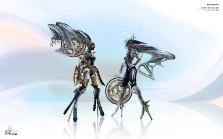 High-definition wallpaper featuring Shiva, Stiria, and Nix from Final Fantasy XIII, showcasing intricate designs and vibrant colors in a dynamic video game art style.