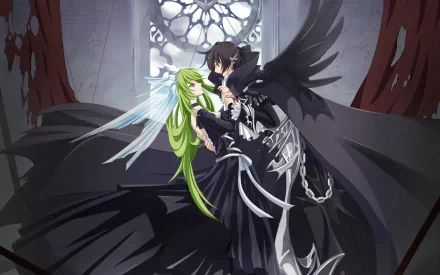 HD wallpaper featuring Lelouch Lamperouge and C.C. from the anime Code Geass, in a dramatic pose with a gothic background and intricate costumes.