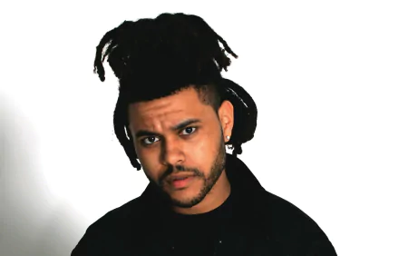 HD desktop wallpaper featuring a portrait of a man with distinctive hairstyle, in a black outfit against a light background.