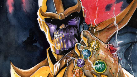 HD desktop wallpaper featuring Thanos from Avengers, donned in his armor and the Infinity Gauntlet with all six Infinity Stones, set against an intense comic-style background.