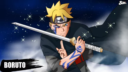 HD desktop wallpaper featuring Boruto Uzumaki from the anime Boruto, showcasing his Jōgan eye and wielding a sword against a starry night sky background.