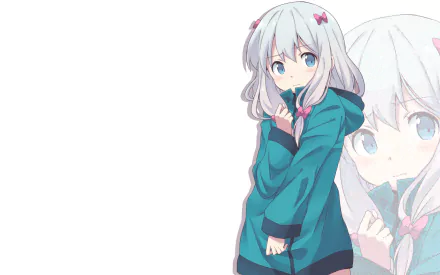 HD desktop wallpaper featuring Sagiri Izumi from the anime EroManga-Sensei, with a soft pastel background and an artistically layered image style.