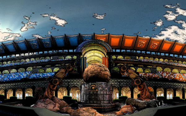 HD desktop wallpaper of Rocket League, showcasing a detailed stadium with dynamic blue and orange team banners and intricate architectural elements.