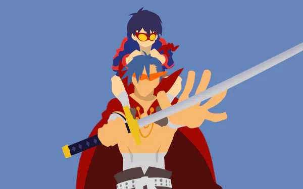 Minimalist HD desktop wallpaper featuring Kamina and Simon from Tengen Toppa Gurren Lagann, with vibrant colors against a blue background.
