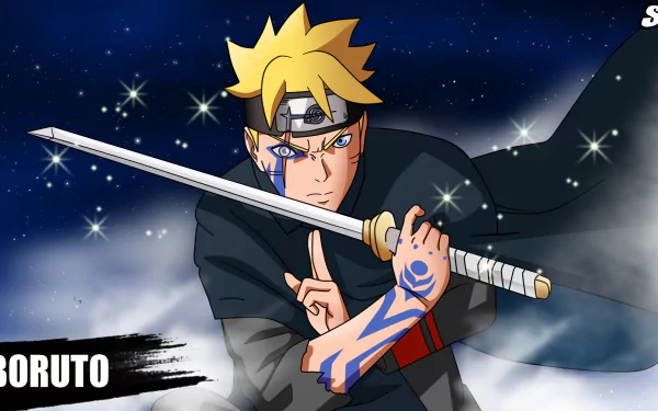 HD desktop wallpaper featuring Boruto Uzumaki from the anime Boruto, showcasing his Jōgan eye and wielding a sword against a starry night sky background.