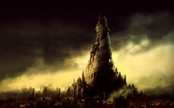 A towering structure looms over a fantastical cityscape, shrouded in mist and mystery, creating a striking HD desktop wallpaper full of intrigue and imagination.
